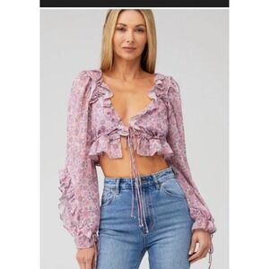 For Love & Lemons Simona Purple Floral Ruffle Crop Top Sheer Long Sleeve Small